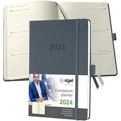 Imagen de SIGEL C2466 Conceptum Agenda semanal 2024, aprox. A5, gris oscuro, tapa dura, dos páginas = una semana, 192