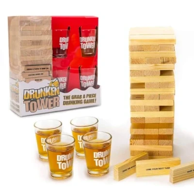 Imagen de Original DrunkenTower® Agarra una Pieza con desafíos 60 Bloques de Madera 4 Vasos chupito Juego Beber Bebidas Fiesta en la casa OriginalCup®