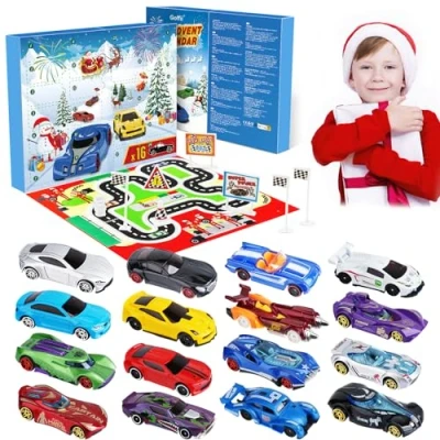 Imagen de Calendario Adviento 2024, Christmas Advent Calendar con 16 Juguetes para Autos, Mapa y 6 Personajes de Dibujos Animados, Niños, Ideal Regalo Sorpresa Navidad