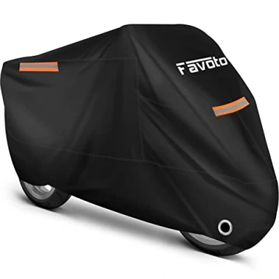 Imagen de Favoto Funda para motocicleta, impermeable, 210T, 295 cm de largo, resistente a los rayos UV, calor, protección al aire libre con reflector nocturno, bolsa motores hasta 116 pulgadas, Negro