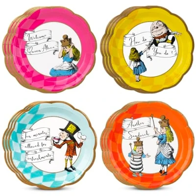 Imagen de Mesas de conversación 12 x 23 cm Platos Alicia en el País las Maravillas, vajilla desechable, suministros reciclables para hogar fiesta sombrerero loco, cumpleaños, tés