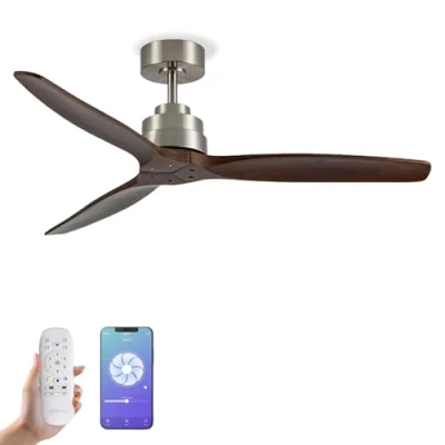 Imagen de YOEVU HÉLIX Ventilador de Techo con mando y Wifi Compatible Alexa App 30 W 6 Velocidades Motor DC 3 Aspas 132 diámetro Modo verano invierno, Madera oscura, Sin luz