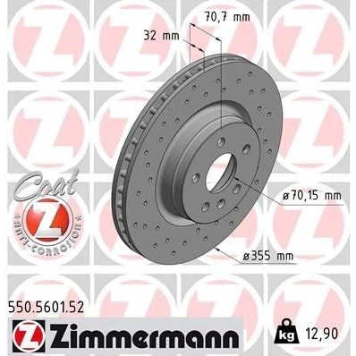 Imagen de ZIMMERMANN 550.5601.52 Disco de freno 355 32 6/5 5 120 ventilación interna, perforado revestido altamente carbonizado TESLA: Model S, X