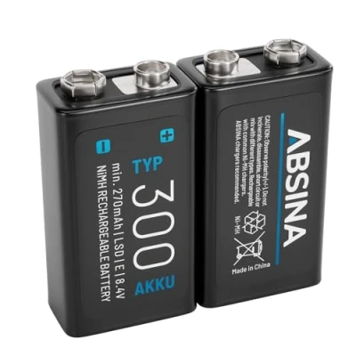 Imagen de ABSINA 2X Pilas 9V Recargables 300 con Baja Autodescarga Pila de Bloque NiMH 8,4V y al Menos 270mAh Recargable, Battery, bateria 9V, 6LR61, Recargable 6F22