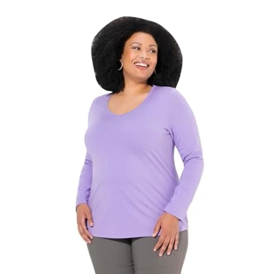 Imagen de Ulla Popken Camiseta, Entallada, Cuello de Pico, Manga Larga Lila Azul 50+ 719505810
