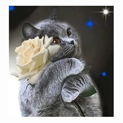 Imagen de Cukol Punto de Cruz Kit Completo Esquemas 11ct Gato y Rosa, Patrones Cuadros con Hilos Tela Impresa Impreso Contado Principiantes, Cross Stitch Bordado Principiantes