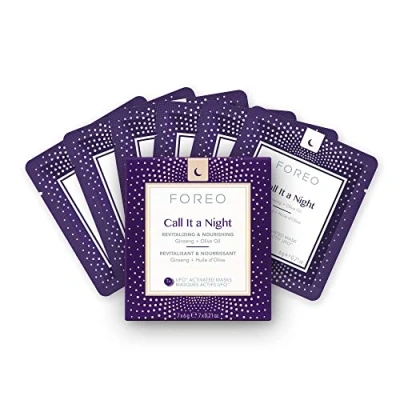 Imagen de FOREO UFO Call it a Night, mascarilla facial activa para piel seca y envejecida, pack de 7, revitaliza nutre, ginseng aceite oliva, cruelty free, compatible con todos los dispositivos