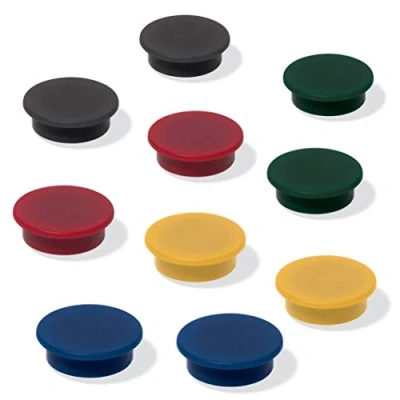 Imagen de SIGEL MU197 Imanes para pizarras blancas, magnéticas, neveras, sujeción fuerte, colores surtidos (negro, rojo, amarillo, verde, azul), Ø 25 mm, 10 unidades.