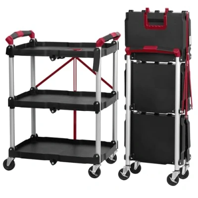 Imagen de Mahlzeit Carrito plegable con ruedas, 64 x 40,5 82 cm, soporta hasta 150 kg, estantería de 3 niveles, (rojo/negro)