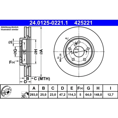 Imagen de ATE 24.0125 0221.1 Disco de freno 293,0 25,0 5 114,3 ventilado revestido HONDA: HR V II