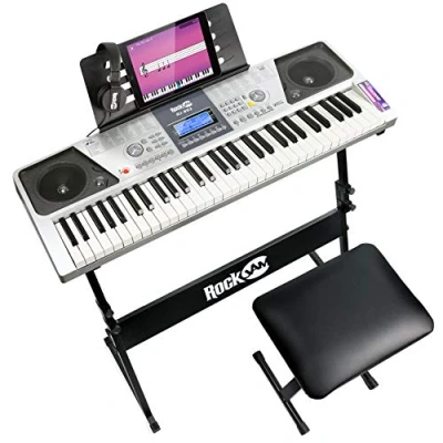 Imagen de Kit de piano RockJam con teclado 61 teclas banco digital, soporte para eléctrico, auriculares, pegatinas notas y lecciones simplemente