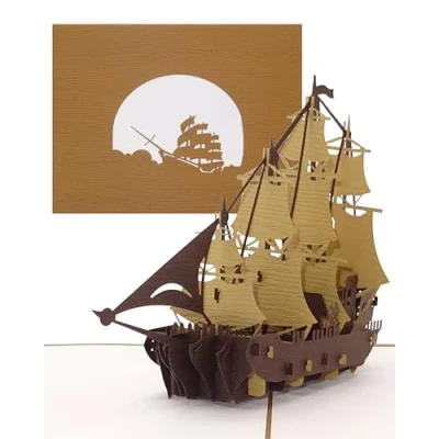 Imagen de Tarjeta desplegable de velero con diseño cuatro masters, cumpleaños en 3D, vela y navegación 3D sobre caja regalo cupón viaje barco