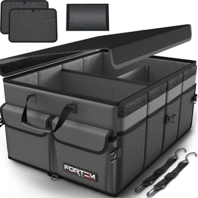 Imagen de FORTEM Organizador de Maletero Coche y SUV para Almacenamiento Caja Plegable con 2 Compartimentos Estándar Base Antideslizante Cinchas Ajustables Tapa Extraíble (Gris)