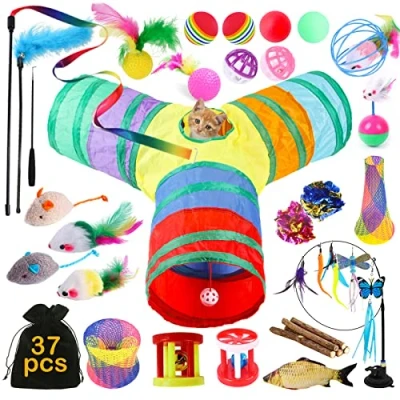 Imagen de TAVADA Juguetes para Gatos,37 PCS Set di Gatos,Juguete Interactivo Gato,Juguetes Gatos con Túnel Gatos,Palo de Gato Divertido,Ratones,Varita Plumas,Peces,Bolas y Campanas