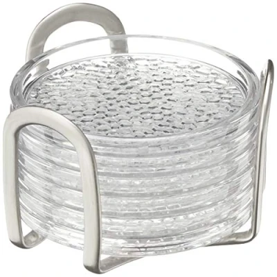Imagen de iDesign Portavasos protectores para mesas, práctico conjunto de posavasos con soporte en plástico y acero, juego 6 posavasos, transparente plateado