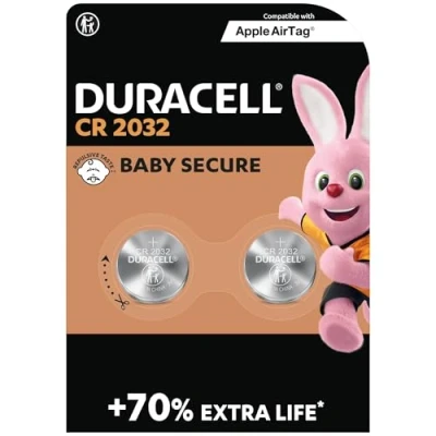 Imagen de DURACELL CR2032 Pilas de botón litio 3 V (pack 2) Hasta un 70 % extra duración Tecnología Baby Secure Recomendadas para Apple AirTag