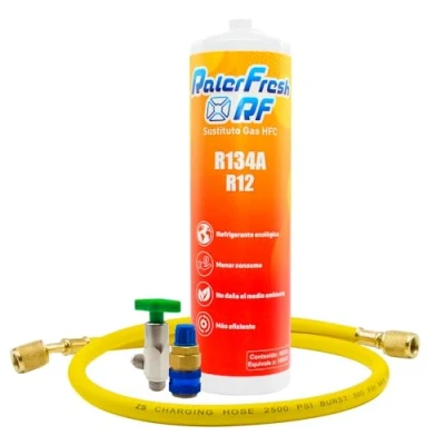 Imagen de Gas Refrigerante Organico para Aire Acondicionado Coche Ralerfresh RF Equivalente a 1000gr sustituto de los Gases R134a y R12 (Botella + Llave Manguera Conector rápido)