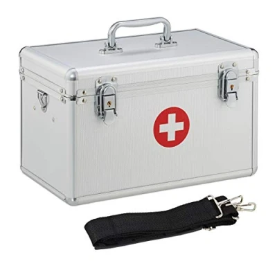 Imagen de Relaxdays Caja Medicamentos con Correa para Botiquín de Primeros Auxilios, Plateado, Aluminio, 19 x 32 20 cm