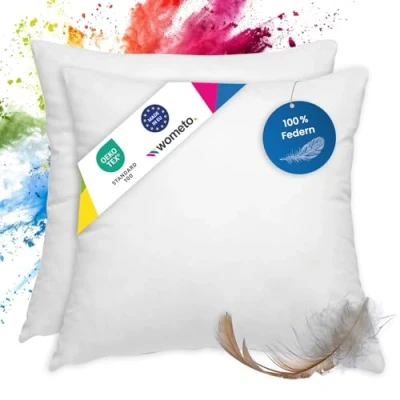 Imagen de wometo Juego de 2 almohadas plumas 100% plumas, 50 x 600 g, funda algodón, color blanco, relleno cojín, almohada pequeña (2 unidades)