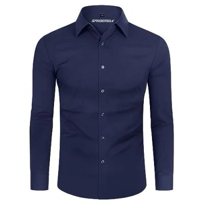 Imagen de DEMEANOR Camisa para hombre, elástica, manga larga, informal, corte ajustado, camisas de negocios, no necesita planchado, azul marino, XL