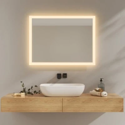 Imagen de EMKE Espejo baño con Luz LED 60x80 cm, de 3000K Blanco cálido, Interruptor Pared, Instalación Vertical/Horizontal, Anti explosión IP44, Ahorro energía,LED