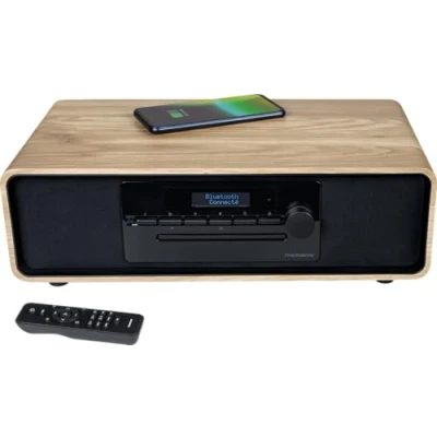Imagen de Micro chaîne Bluetooth THOMSON Bois/Noir Radio FM/DAB+/CD/MP3/USB/Induction, 75W, Affichage LCD, Télécommande, Alim. 23
