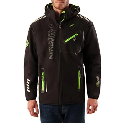 Imagen de Geographical Norway ROYAUTE MEN Chaqueta Softshell Impermeable Hombre Capucha Transpirable Exterior Cortavientos Invierno Actividades Aire Libre (Negro/Verde S)