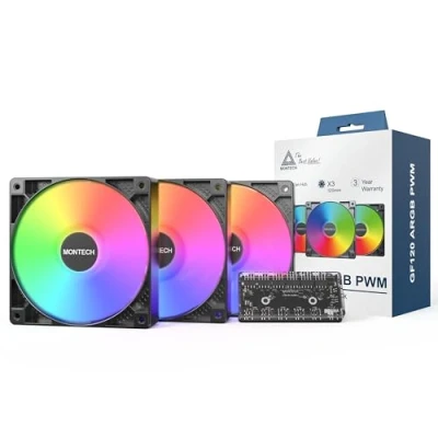 Imagen de MONTECH GF120 ARGB PWM ventilador hidráulico de rodamiento 800 1600 RPM, bajo nivel ruido 25.5 dBA, alto flujo aire 66.3 CFM, 4 pines, paquete 3 en 1 con hub 6 x 6, 120 mm,