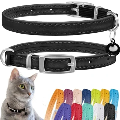 Imagen de CollarDirect Collar de Cuero para Gato, Seguridad Gato con Correa elástica, Gatito Campana, Negro, Azul, Rojo, Naranja(Cuello 6 a 7 Pulgadas, Negro)