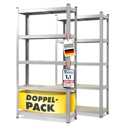 Imagen de Floordirekt Estantería para cargas pesadas, juego de 2 unidades, galvanizado, 150 x 75 30 cm, sin tornillos, sótano, almacenamiento, taller, banco trabajo, 5 estantes ajustables