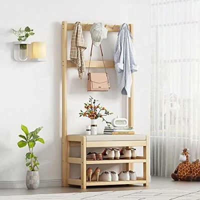Imagen de Bagewinner Perchero con Zapatero, Madera de Pie Banco,Colgador Ropa 5 Ganchos y 3 Estantes Zapatero para Recibidor Entrada Pasillo Salón 84x31x172.5cm Fácil Montar