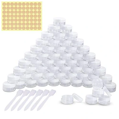 Imagen de 60 Piezas Tarros de Plástico, Contenedores Cosmético Viaje Envases Vacío Transparente con Tapas Tornillo para Cosmética Crema Muestra, Polvo, Decoración Uñas, 5g 5ml Blanco
