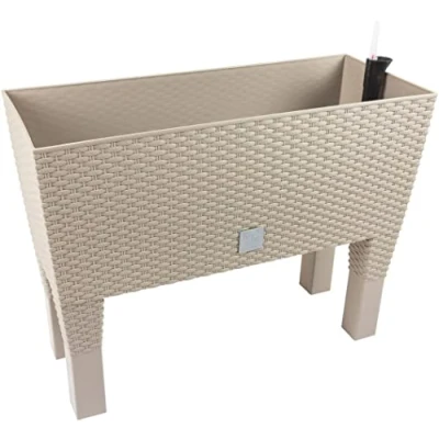 Imagen de Jardinera alta rectangular 30 litros con autorriego color mocca 60 x 25 46 cm patas