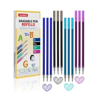 Imagen de Minas de repuesto borrables compatibles con Legami [Juego 12 unidades, azul + negro turquesa morado] 0,7 mm tinta gel colores, recambios para lápices borrar