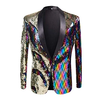 Imagen de PYJTRL Hombres Elegante Dos Colores conversión Brillante Lentejuelas Chaqueta Traje (XS, Colorido)