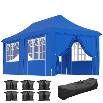Imagen de Outsunny Carpa Plegable Pop up Gazebo 6x3 m Cenador con 6 Paredes Laterales Anti UV Altura Ajustable Bolsa de Arena y Transporte para Camping Fiestas Azul