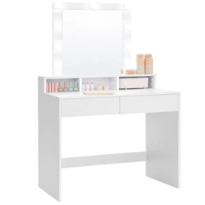 Imagen de VASAGLE Tocador, Luces LED con Brillo Ajustable, Mesa de Maquillaje Espejo, 2 Cajones y 3 Compartimentos, Moderno, Blanco RDT114W01
