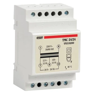 Imagen de VEMER VN318200 TMC 24/24 Transformador de Electricidad Carril DIN para Servicio Continuo, 230V/12 24V, Potencia 24VA, Blanco