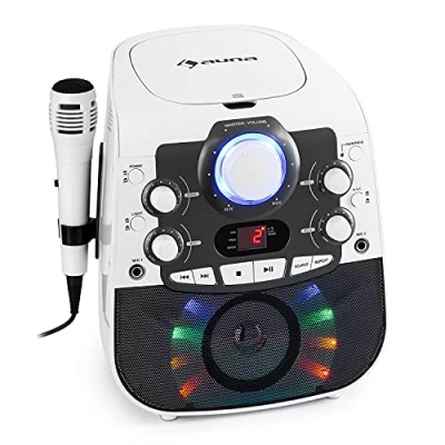 Imagen de auna StarMaker 2.0 Equipo de Karaoke, Bluetooth, CD, CD R, RW, G, con micrófono, 2 entradas USB, Función Eco, repetición, Pantalla y Luces LED, Salida A/V, Blanco