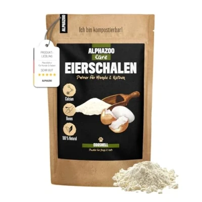 Imagen de alphazoo Polvo de cáscara huevo 250 g para perros y gatos, fuente natural calcio como soporte huesos dientes, barf