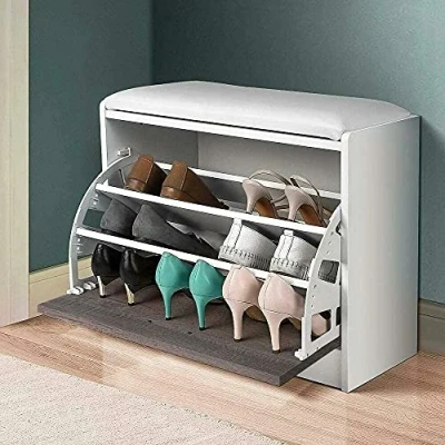 Imagen de BAKAJI Banco Zapatero de Madera con Puerta abatible Triple Profundidad y Asiento Piel ecológica, tamaño 60 x 30 48 cm (Gris Roble)