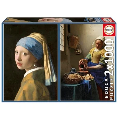 Imagen de Educa Pack de 2 Puzzles 1000 Piezas para Adultos La Joven Perla + Lechera, Johannes Vermeer. Incluye Pegamento Fix Puzzle. Medidas: 48 x 68 cm. A Partir 14 años (20309)