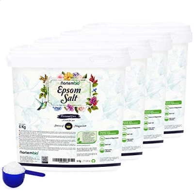 Imagen de Nortembio Sal de Epsom 4x6 Kg. Fuente Concentrada Magnesio Natural. Baño 100% Pura, sin Aditivos. Relajación Muscular y Buen Sueño. E Book Incluido.