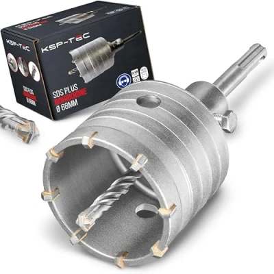 Imagen de KSP Tec ® Corona de perforación 82 mm Diseño reforzado Resistente a los golpes [dientes XXL] 4 brocas centrado Broca lata para mampostería y hormigón (82