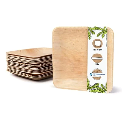 Imagen de BIOZOYG 25x de Platos hoja palma 18 x cm desechables compostables y naturales Vajilla fiesta cuadrada