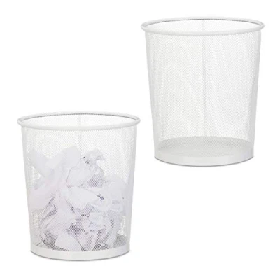Imagen de Set 2 Papeleras de Rejilla Alambre, Cubo Papeles Dormitorio, Redondo, sin Tapa, Residuos Plástico, 28x26 cm, Blanco