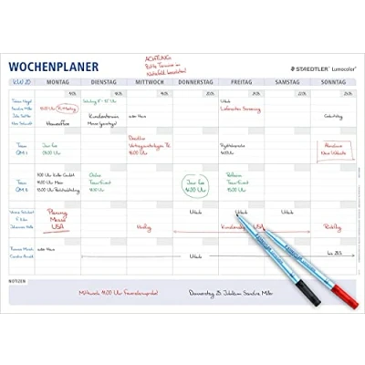 Imagen de STAEDTLER Lumocolor 641 A1 1 Agenda semanal reutilizable de borrado en seco, tamaño A1, con 2 bolígrafos correctables M, rojo y negro clips para bolígrafo