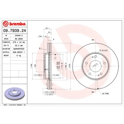 Imagen de BREMBO 09.7939.24 Disco de freno 276 24 5 ventilación interna MITSUBISHI: ECLIPSE 2, FTO, Space Wagon III