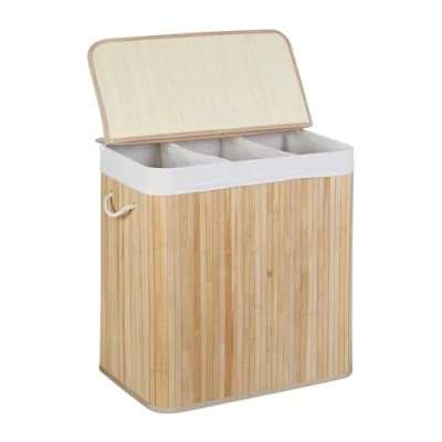 Imagen de Relaxdays Ropa Sucia, 3 Compartimentos, con Tapa, Cesta Colada Rectangular, 62x62,5x42,5 cm, Bambú, Natural/Blanco, Cartón