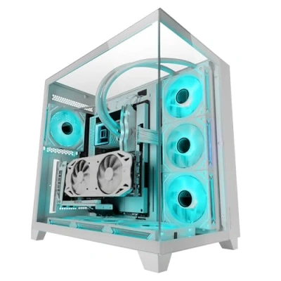 Imagen de MARSGAMING MC 3C, Caja Gaming ATX, Vista Panorámica 3D con Triple Cristal Templado, Diseño Doble Cámara Lateral, Soporte Completo Refrigeración Líquida, Semitorre PC Gestión de Cableado, Blanco